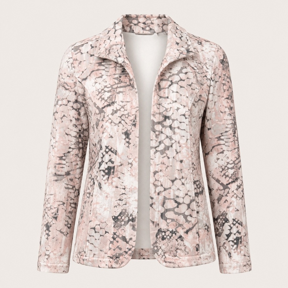 Chicos Open Front Jacket Size 2/Large Pink Gray Snake Print Blazer Lagenlook